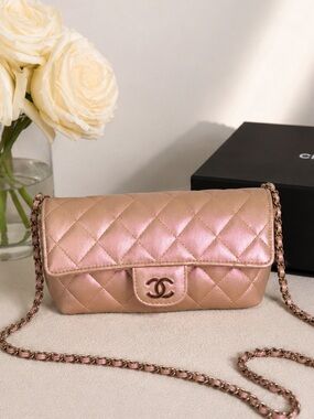 Authentic CHANEL Iridescent Pink Calfskin Mini Flap Crossbody Bag